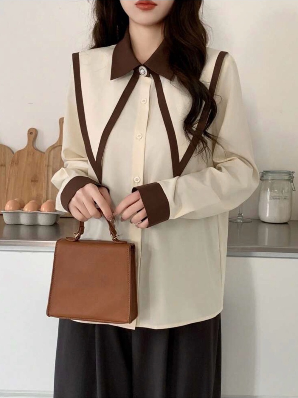 Cream and Brown Contrast Collar Shirt